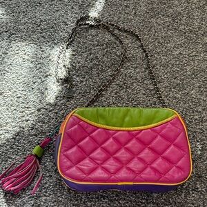 Vibrant Pink and Green Quilted Crossbody Bag